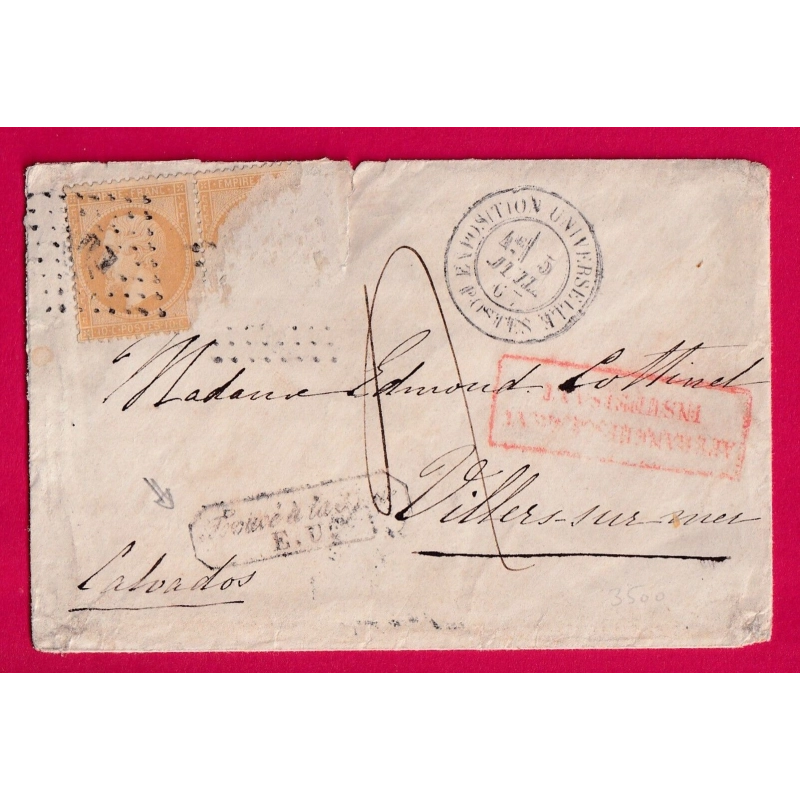 N°21 PAIRE LOSANGE EU EXPOSITION UNIVERSELLE 1867 TROUVE A LA BOITE EU TAXE MANUSCRIT 4 AFFR INSUF VILLERS SUR MER LETTR