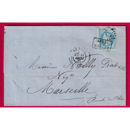 N°29 APRES LE DEPART SUR TIMBRE CAD LE MANS SARTHE POUR MARSEILLE 1871 LETTRE COVER