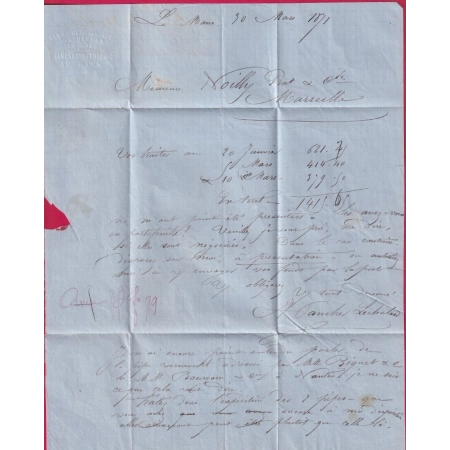 N°29 APRES LE DEPART SUR TIMBRE CAD LE MANS SARTHE POUR MARSEILLE 1871 LETTRE COVER