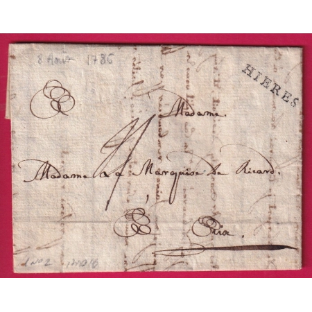 MARQUE HYERES VAR 1786 LENAIN N°2 INDICE 16 POUR LA MARQUISE DE RICARD A AIX EN PROVENCE LETTRE COVER