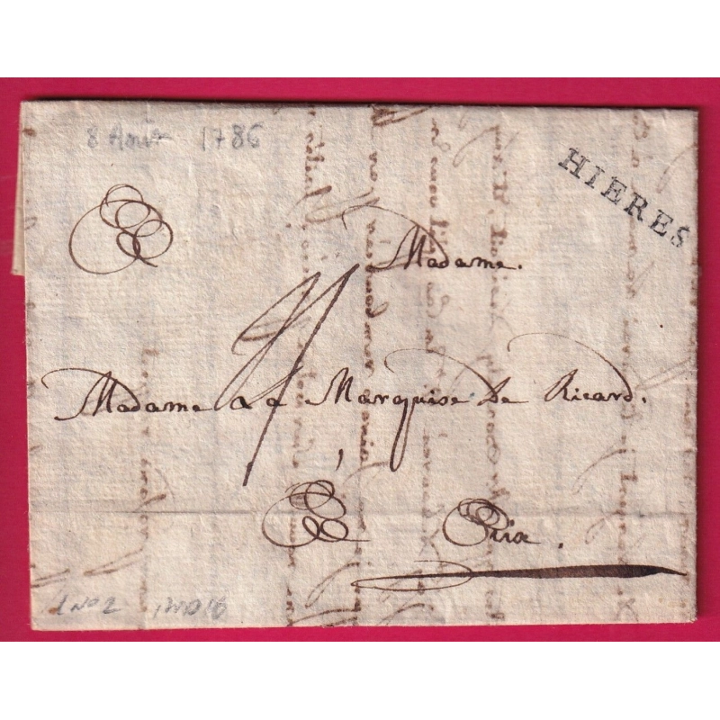 MARQUE HYERES VAR 1786 LENAIN N°2 INDICE 16 POUR LA MARQUISE DE RICARD A AIX EN PROVENCE LETTRE COVER