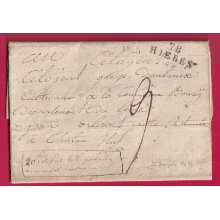 MARQUE 78 HYERES VAR ORLEANS LOIRET EN POSTE RESTANTE MENTION MANUSCRIT 2 SOUS POUR LA POSTE RESTANTE RARE 1801 LETTRE