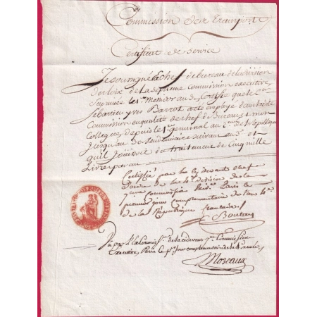 TEXTE DE COMMISSION DES TRANSPORT POSTES ET MESSAGERIE BEAU CACHET PARIS 1+LE 1ER JOUR COMPLEMENTAIRE AN 4 1796 LETTRE