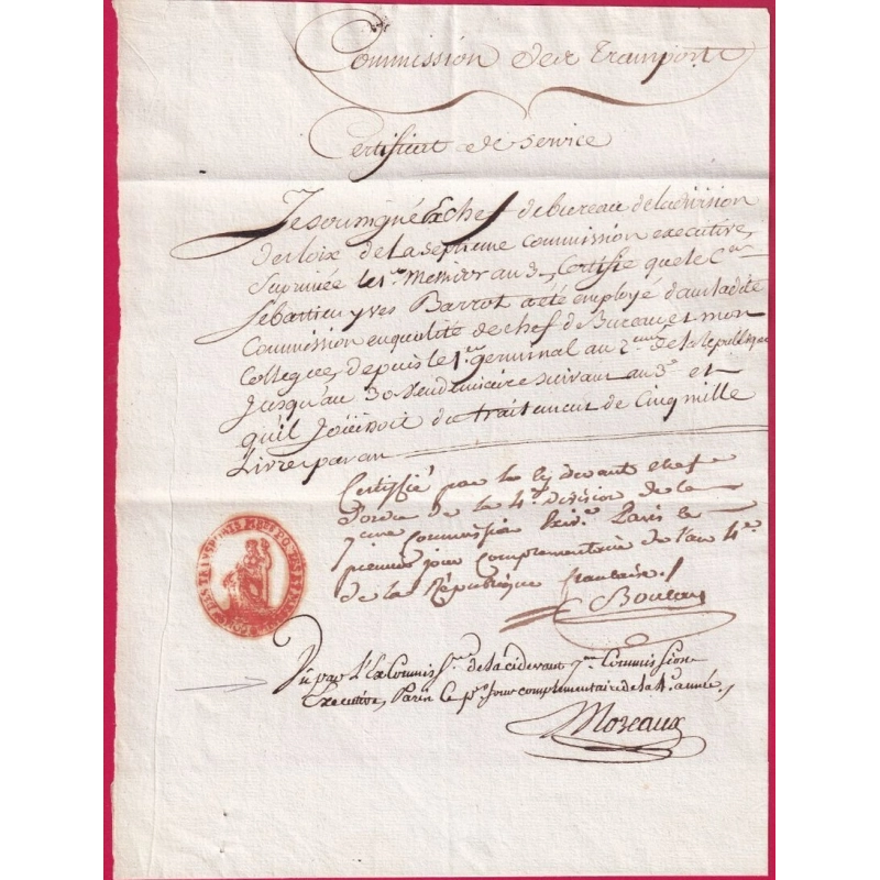 TEXTE DE COMMISSION DES TRANSPORT POSTES ET MESSAGERIE BEAU CACHET PARIS 1+LE 1ER JOUR COMPLEMENTAIRE AN 4 1796 LETTRE