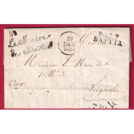 MARQUE P19P BASTIA CORSE FRANCHISE LE MAIRE DE BASTIA 1828 POUR BRIGNOLES VAR LETTRE COVER