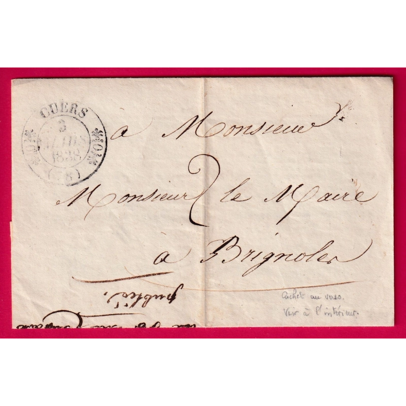 CAD TYPE 11 CUERS VAR 1838 LE MAIRE POUR BRIGNOLES LETTRE COVER