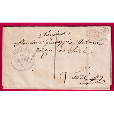 CAD TYPE 13 ROGLIANO CORSE BOITE RURALE A ERSA CL ROUGE TAXE LOCALE 1 POUR LURI 1843 LETTRE COVER