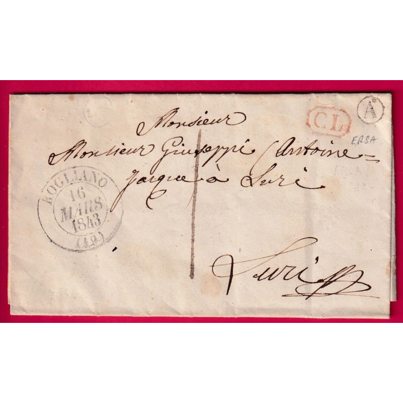 CAD TYPE 13 ROGLIANO CORSE BOITE RURALE A ERSA CL ROUGE TAXE LOCALE 1 POUR LURI 1843 LETTRE COVER