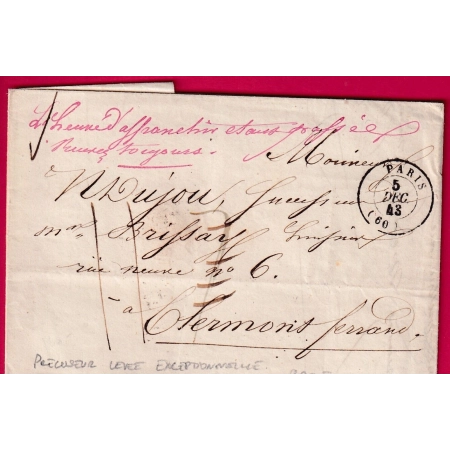RARE PRECURSEUR LEVEE EXCEPTIONNELLE PARIS 1843 TAXE 7 MODIFIEE 11 POUR CLERMONT FERRAND PUY DE DOME LETTRE COVER