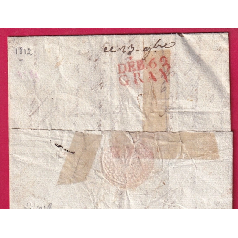 DEBOURSE DEB 69 GRAY HAUTE SAONE 1812 EN ROUGE INDICE 19 DEPART LYON LETTRE COVER