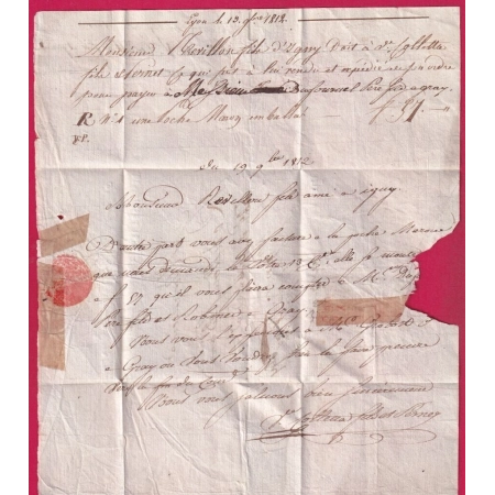 DEBOURSE DEB 69 GRAY HAUTE SAONE 1812 EN ROUGE INDICE 19 DEPART LYON LETTRE COVER