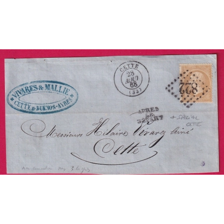 N°21 IMPRESSION DEFECTUEUSE GC 822 CETTE APRES LE DEPART SPECIAL A CETTE 1868 POUR CETTE DEVANT DE LETTRE