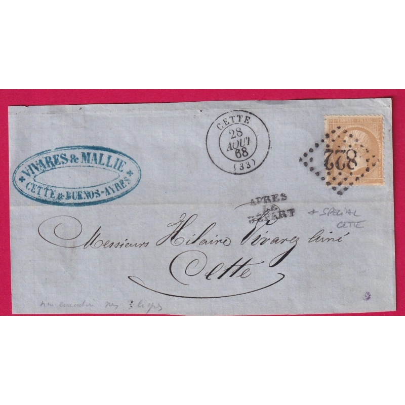 N°21 IMPRESSION DEFECTUEUSE GC 822 CETTE APRES LE DEPART SPECIAL A CETTE 1868 POUR CETTE DEVANT DE LETTRE