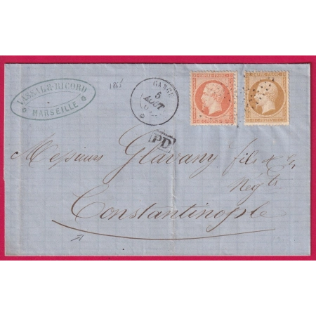 N°21 23 OBLITERATION ANCRE PAQUEBOT POSTE GANGE 1865 MARSEILLE POUR CONSTANTINOPLE TURQUIE TURKEY LETTRE COVER