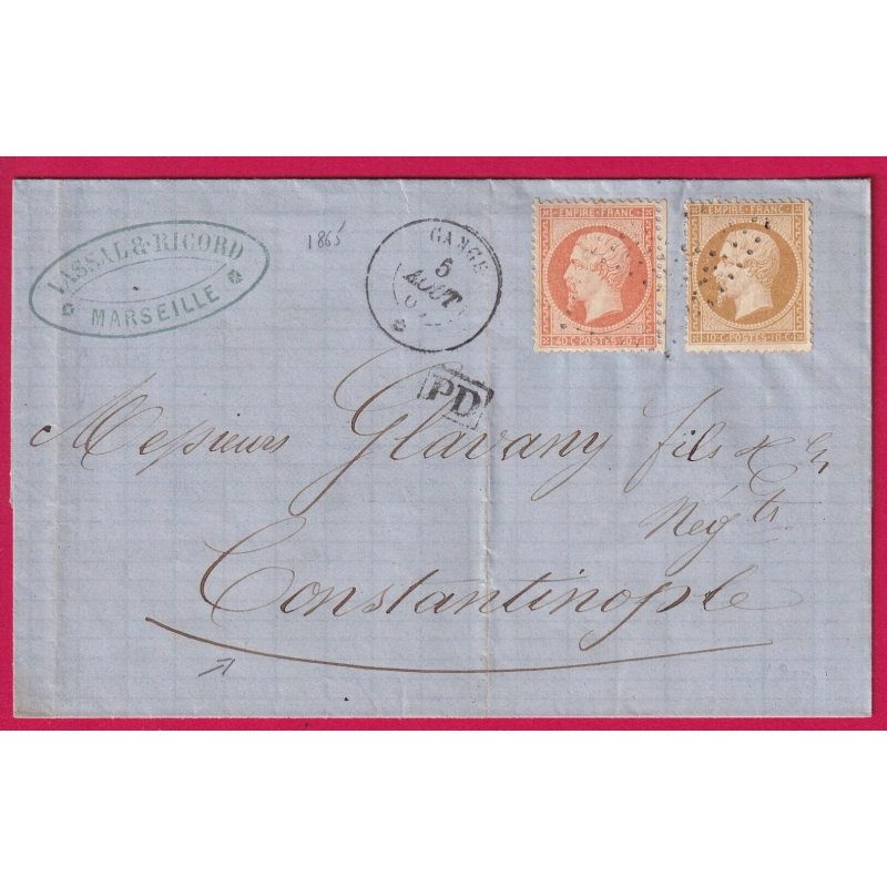 N°21 23 OBLITERATION ANCRE PAQUEBOT POSTE GANGE 1865 MARSEILLE POUR CONSTANTINOPLE TURQUIE TURKEY LETTRE COVER