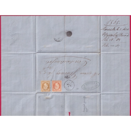 N°21 23 OBLITERATION ANCRE PAQUEBOT POSTE GANGE 1865 MARSEILLE POUR CONSTANTINOPLE TURQUIE TURKEY LETTRE COVER
