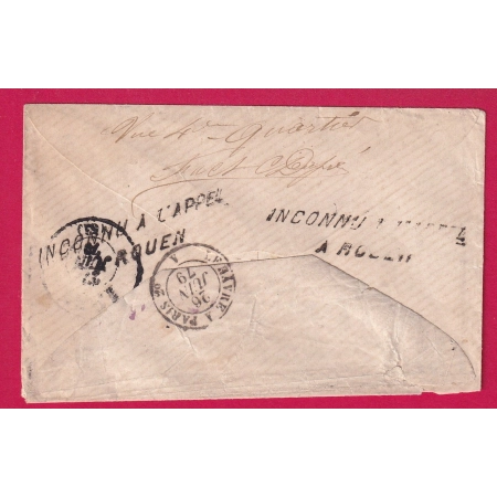 GRIFFE INCONNU A L'APPEL A ROUEN SEINE INFERIEURE DEPART GORRON MAYENNE N°75 1879 LETTRE COVER