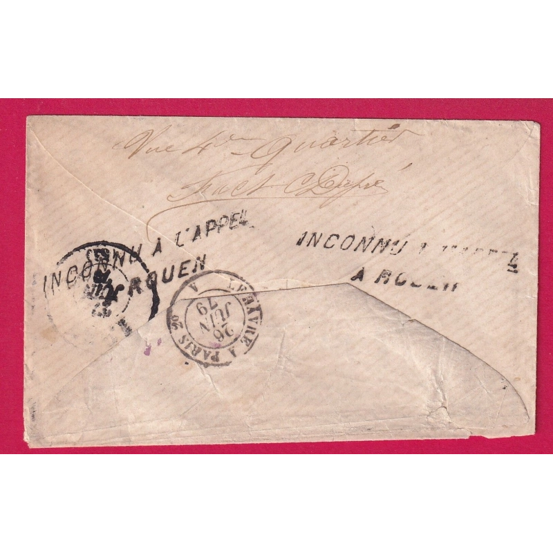 GRIFFE INCONNU A L'APPEL A ROUEN SEINE INFERIEURE DEPART GORRON MAYENNE N°75 1879 LETTRE COVER
