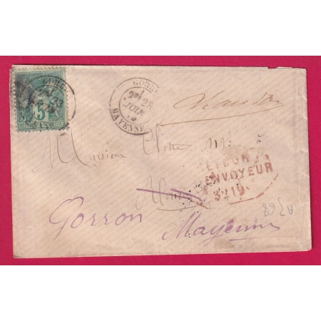 GRIFFE INCONNU A L'APPEL A ROUEN SEINE INFERIEURE DEPART GORRON MAYENNE N°75 1879 LETTRE COVER