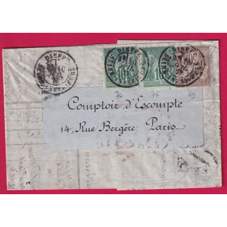 N°76 X 2 N/U + 69 DIEPPE SEINE INFERIEURE POUR PARIS LETTRE COVER