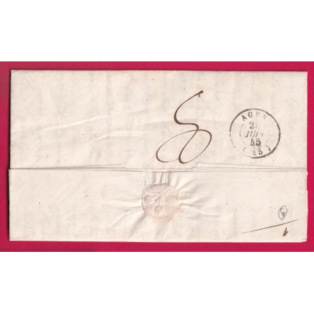 CURSIVE GRATTEE 45 LAUZUN LOT ET GARONNE + PP ROUGE 1845 POUR AGEN LETTRE COVER