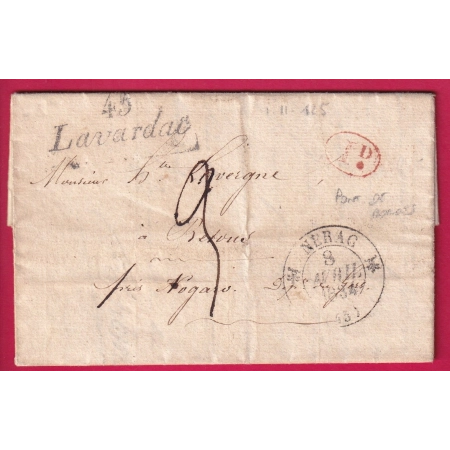 CURSIVE 45 LAVARDAC LOT ET GARONNE TYPE 12 NERAC DECIME RURALE DE PONT DE BORDES POUR NOGARO GERS 1834 LETTRE COVER