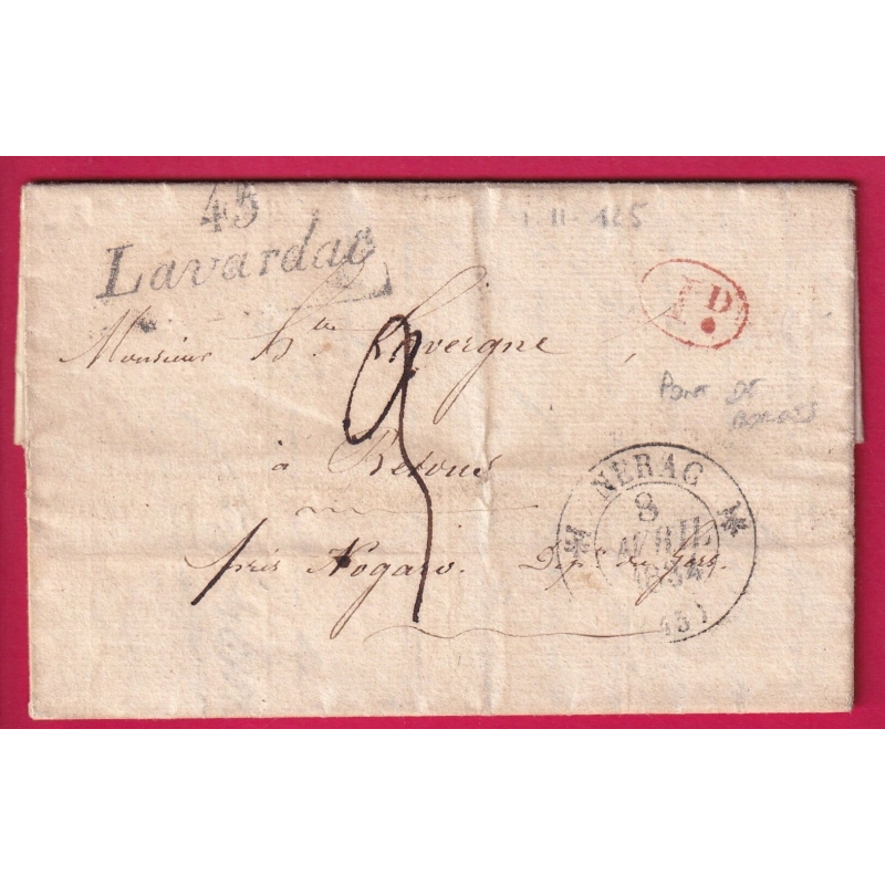 CURSIVE 45 LAVARDAC LOT ET GARONNE TYPE 12 NERAC DECIME RURALE DE PONT DE BORDES POUR NOGARO GERS 1834 LETTRE COVER