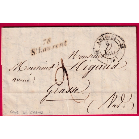 CURSIVE 78 ST LAURENT VAR CAB TYPE 12 ANTIBES TEXTE CROS DE CAGNES POUR GRASSE ALPES MARITIMES 1841 LETTRE COVER