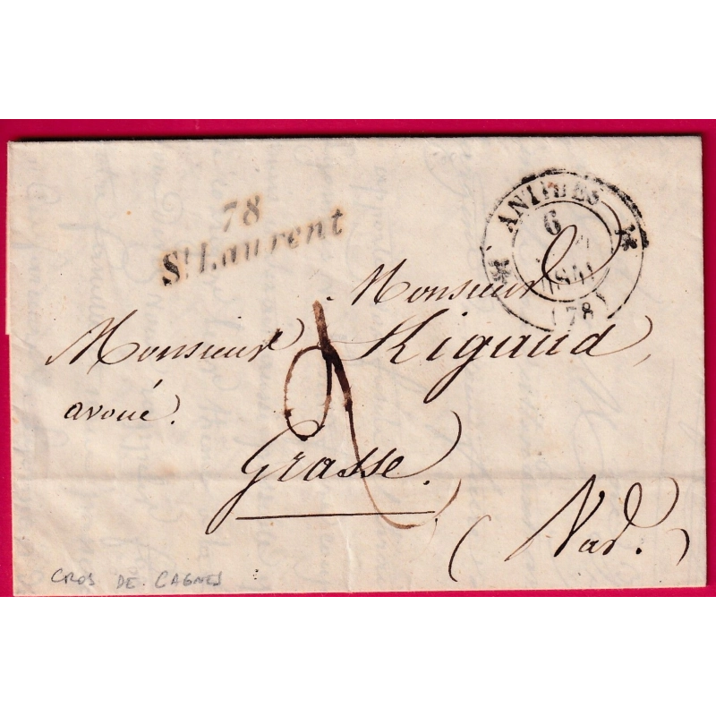 CURSIVE 78 ST LAURENT VAR CAB TYPE 12 ANTIBES TEXTE CROS DE CAGNES POUR GRASSE ALPES MARITIMES 1841 LETTRE COVER