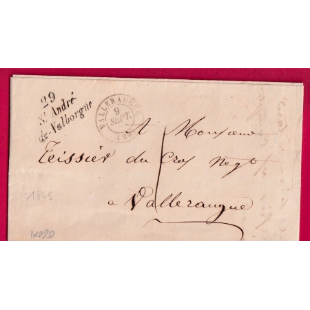 CURSIVE 29 ST ANDRE DE VALBORGNE GARD T15 VALLERAUGUE 1845 TAXE LOCALE 1 INDICE 20 LETTRE COVER