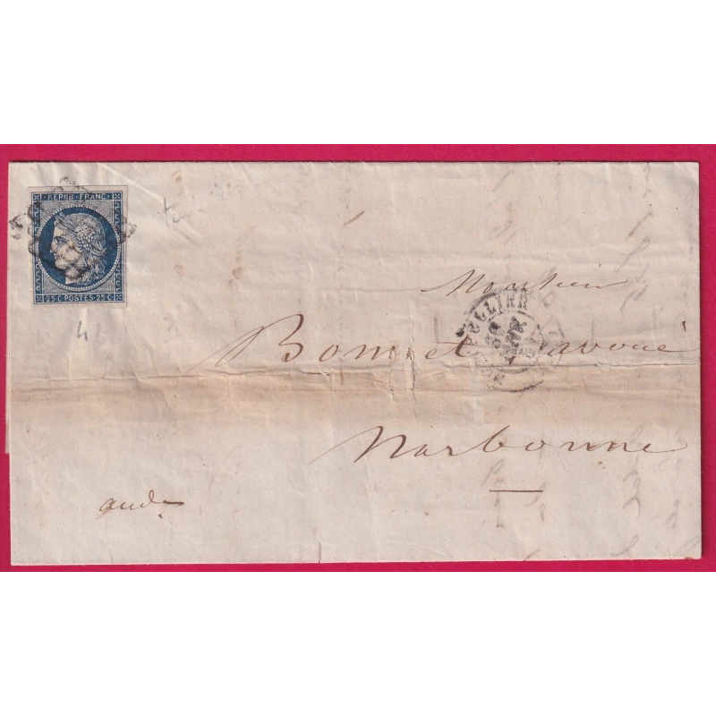 N°4 GRILLE MONTPELLIER HERAULT POUR NARBONNE AUDE 1854 LETTRE COVER