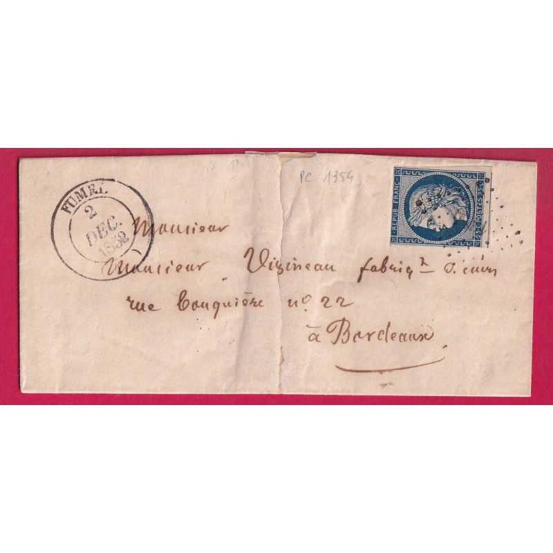 N°4 PC 1354 FUMEL LOT ET GARONNE CAD TYPE 14 POUR BORDEAUX LETTRE COVER