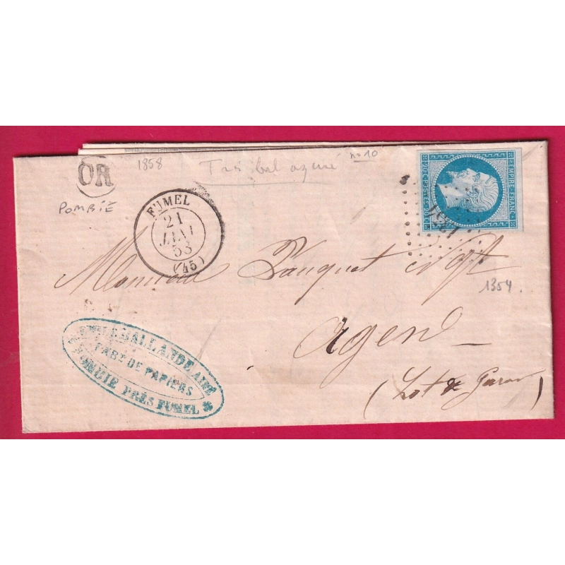 N°14 PC 1354 FUMEL LOT ET GARONNE OR POMBIE POMBIER POUR AGEN 1858 LETTRE COVER