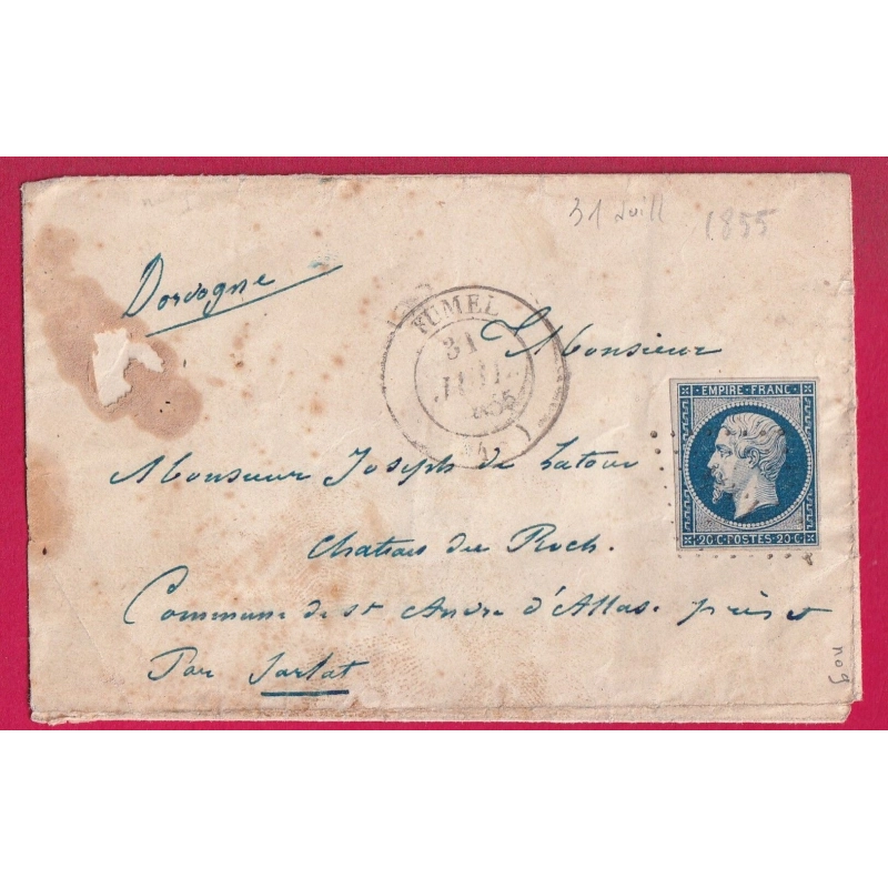 N°14 PC 1354 FUMEL LOT ET GARONNE CAD TYPE 14 1855 POUR SARLAT DORDOGNE INDICE 14 LETTRE COVER