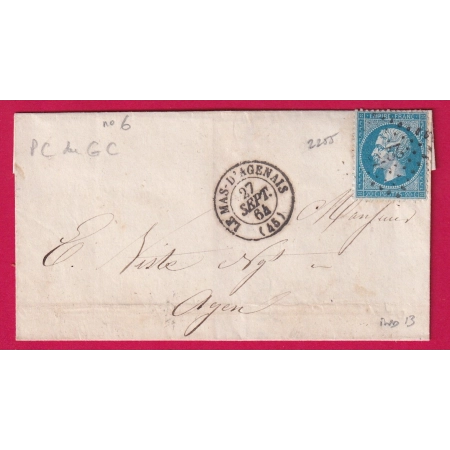N°22 PC DU GC 2255 LE MAS D'AGENAIS LOT ET GARONNE CAD TYPE 15 POUR AGEN INDICE 13 LETTRE COVER