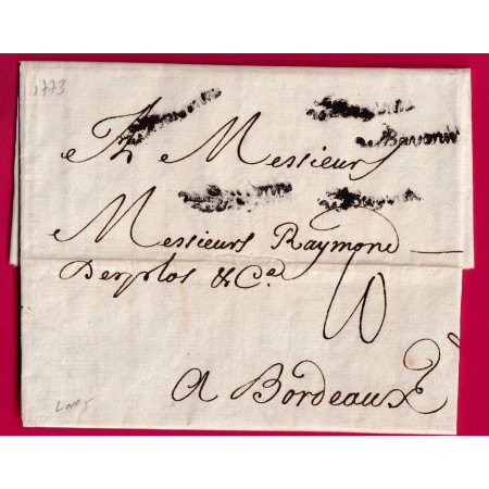 CURIOSITE MARQUE DE BAYONNE LENAIN N°5 FRAPPEE 5 FOIS 1773 BASSES PYRENEES POUR BORDEAUX LETTRE COVER