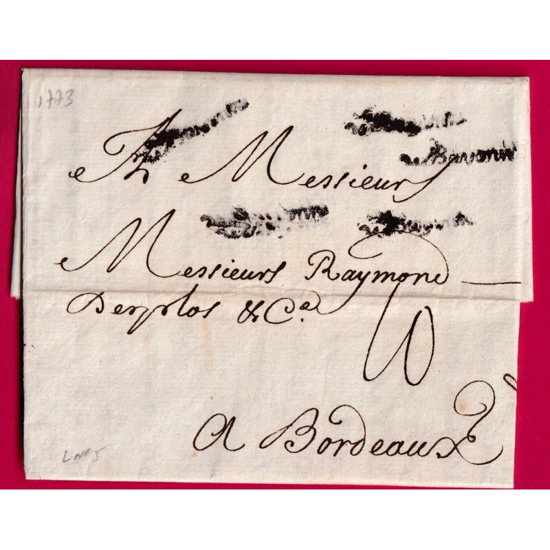 CURIOSITE MARQUE DE BAYONNE LENAIN N°5 FRAPPEE 5 FOIS 1773 BASSES PYRENEES POUR BORDEAUX LETTRE COVER