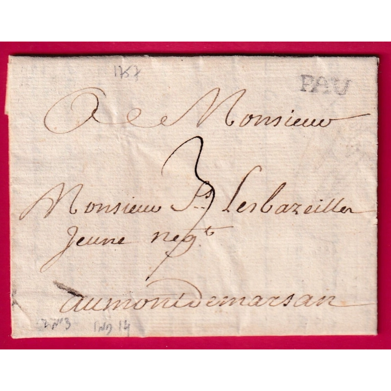 MARQUE PAU LENAIN N°3 INDICE 14 1757 BASSES PYRENEES POUR MONT DE MARSAN LANDES LETTRE COVER