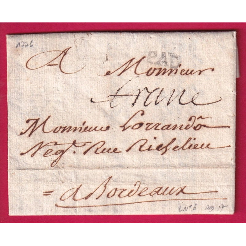 MARQUE FRANC DE PAU 1776 LENAIN N°6 INDICE 17 BASSES PYRENEES POUR BORDEAUX LETTRE COVER