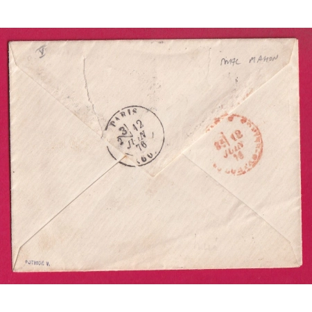 FRANCHISE PRESIDENT DE LA REPUBLIQUE (1) PERIODE MAC MAHON 1876 POUR PARIS LETTRE COVER