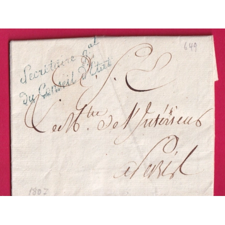 FRANCHISE SECRETAIRE GENERAL DU CONSEIL D'ETAT PARIS 1807 POUR PARIS LETTRE COVER