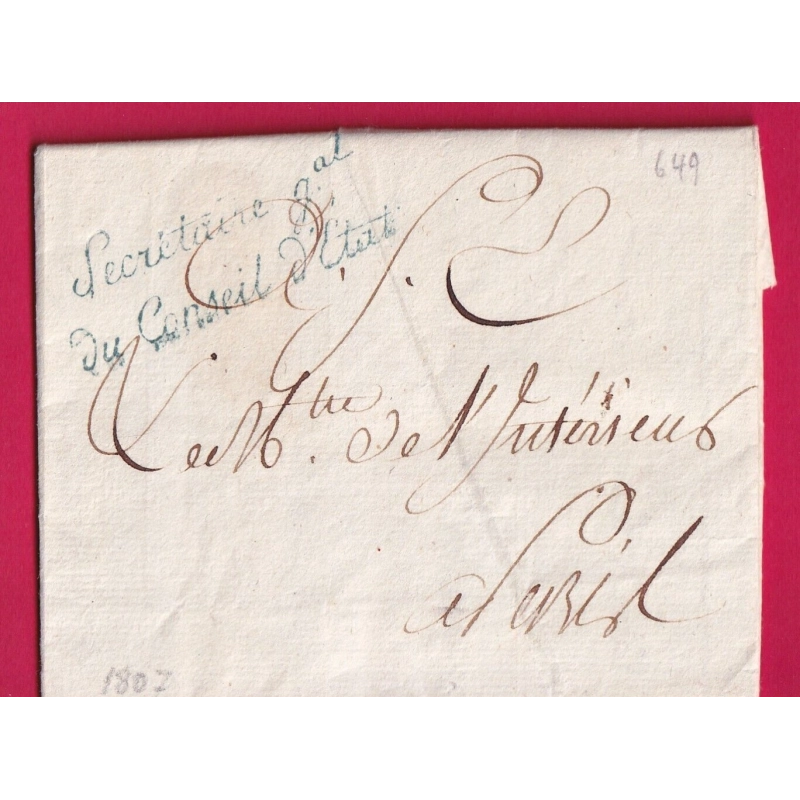 FRANCHISE SECRETAIRE GENERAL DU CONSEIL D'ETAT PARIS 1807 POUR PARIS LETTRE COVER