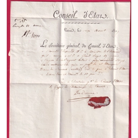 FRANCHISE SECRETAIRE GENERAL DU CONSEIL D'ETAT PARIS 1807 POUR PARIS LETTRE COVER