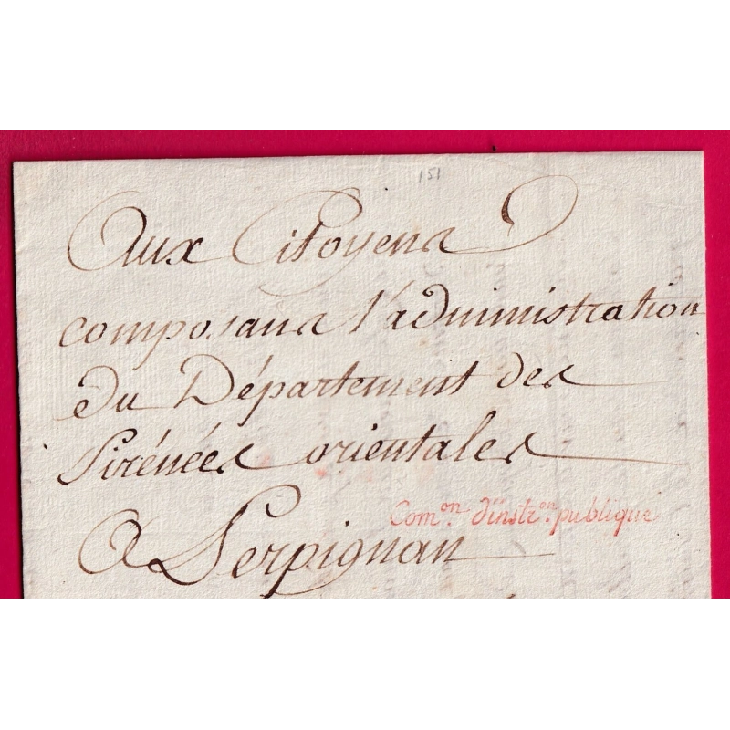 FRANCHISE COMMISSION INSTRUCTION PUBLIQUE AN2 1794 SIGNE FOURCADE POUR PERPIGNAN PYRENEES ORIENTALES LETTRE COVER