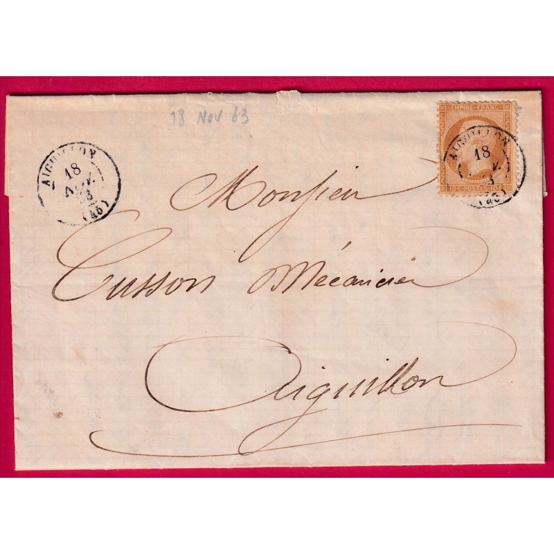 N°21 CAD TYPE 15 AIGUILLON LOT ET GARONNE 1863 POUR AIGUILLON LETTRE LOCALE COVER