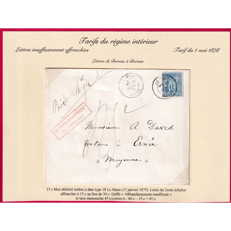 N°90 LE MANS SARTHE TAXE MANUSCRIT 45C MENTION POIDS 16 GRAMMES 2EME ECHELON DE POIDS LETTRE COVER