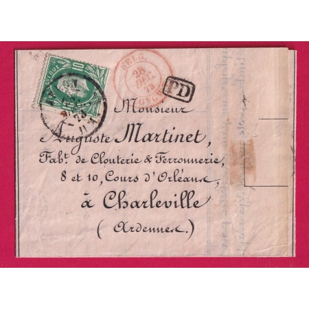 BELGIQUE N°30 TARIF FRONTALIER ARLON POUR CHARLEVILLE ARDENNES 1873 ENTREE BELGIQUE LONGWY LETTRE COVER