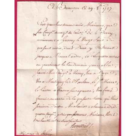 MARQUE MANUSCRIT MILITAIRE TROUPES DE BESANCON DOUBS 1727 POUR JUSSEY HAUTE SAONE LETTRE COVER