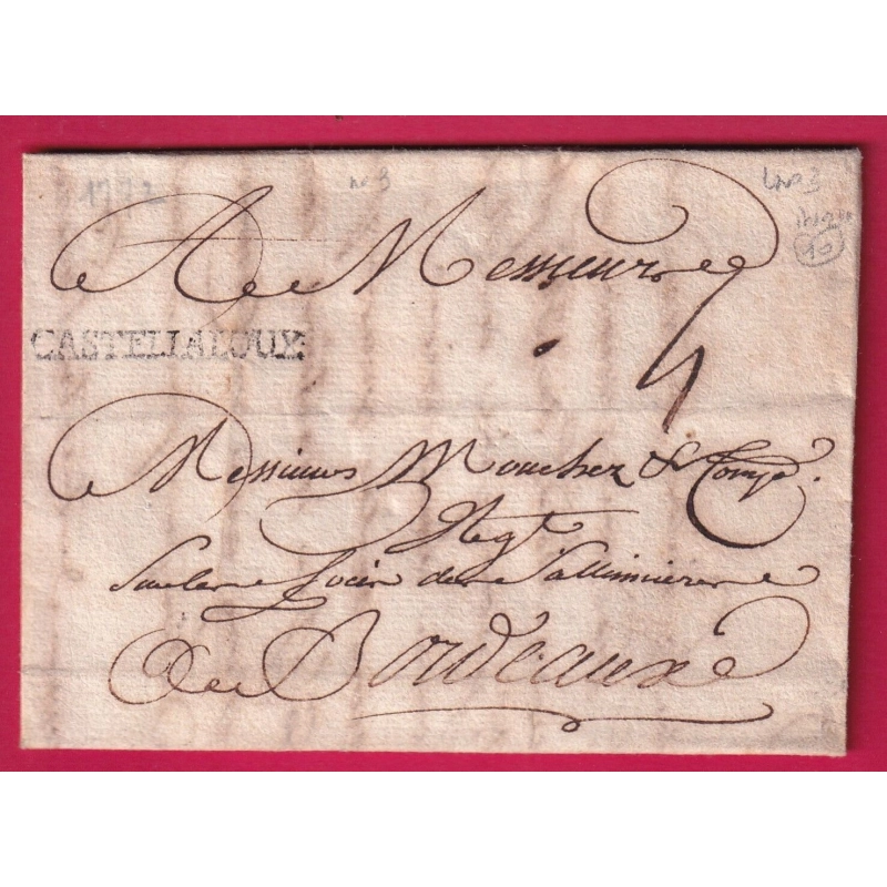 MARQUE CASTELJALOUX LOT ET GARONNE 1772 LENAIN N°3 INDICE 10 POUR BORDEAUX LETTRE COVER