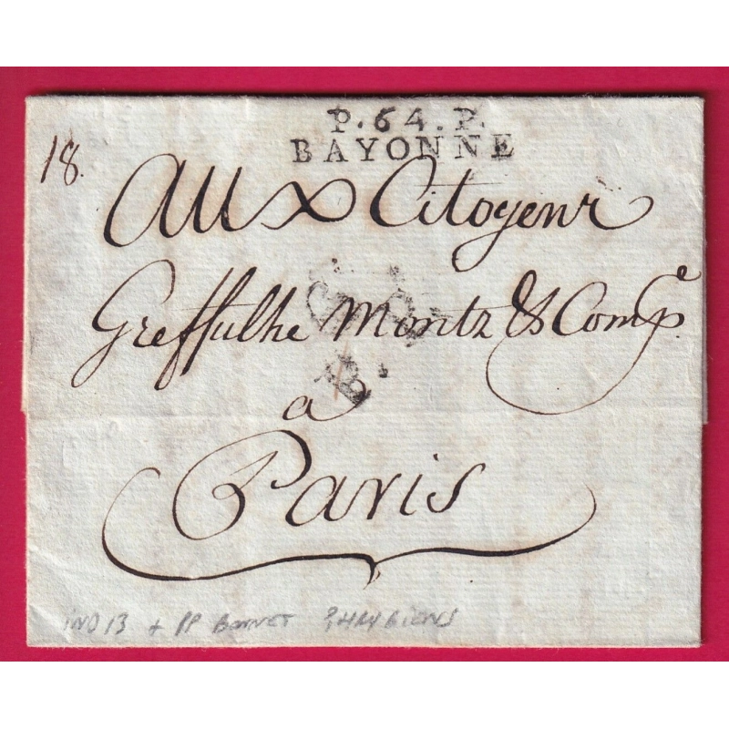 MARQUE P64P BAYONNE BASSES PYRENEES + PP BONNET PHRYGHIENS 1794 POUR PARIS LETTRE COVER